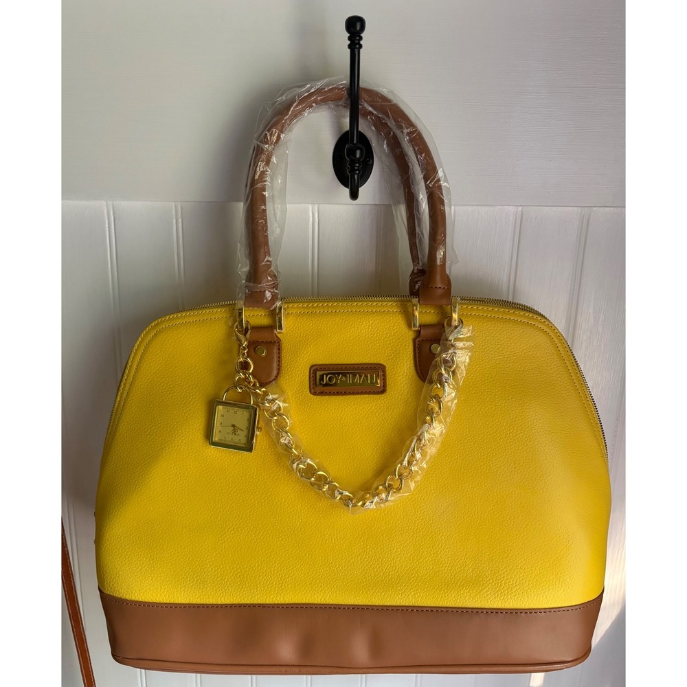 Joy & Iman Yellow Tan Split Leather Satchel Handbag Set with Wallet and Clock